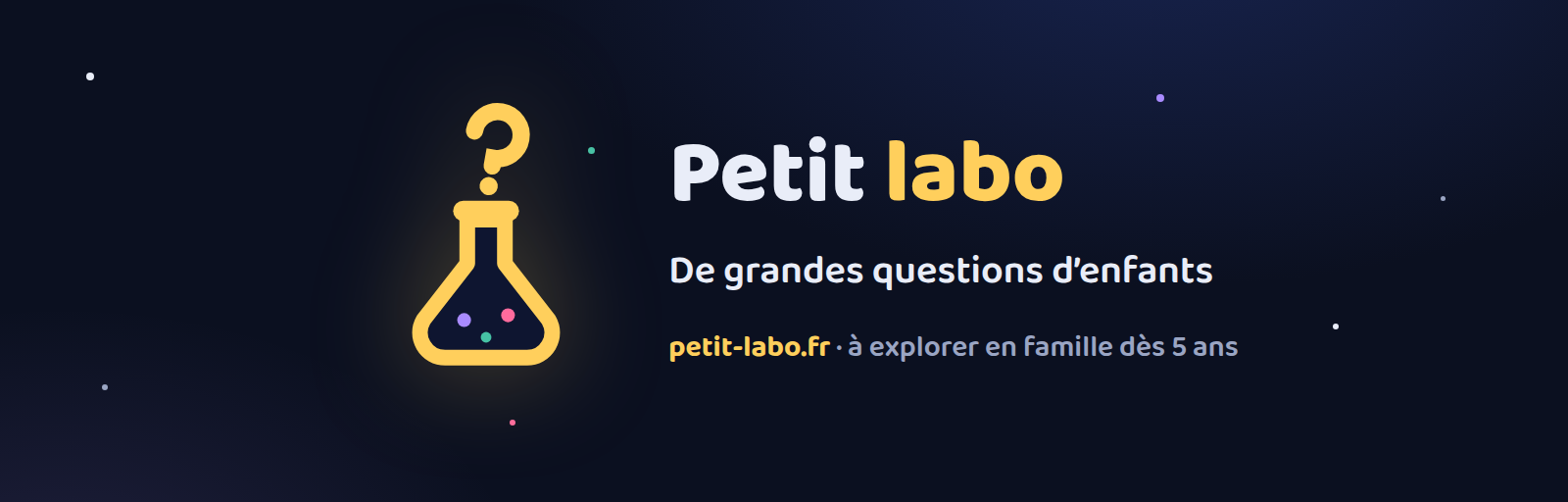 Bannière du Petit labo : la fiole au point d’interrogation, le nom « Petit labo » et l’adresse petit-labo.fr sur un fond de ciel étoilé.