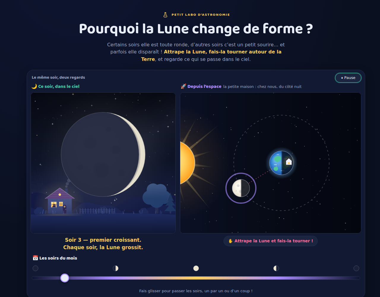 Copie d’écran de l’épisode : à gauche la Lune en croissant au-dessus d’un jardin la nuit ; à droite la Lune sur son orbite autour de la Terre, éclairée par le Soleil venu de la gauche.