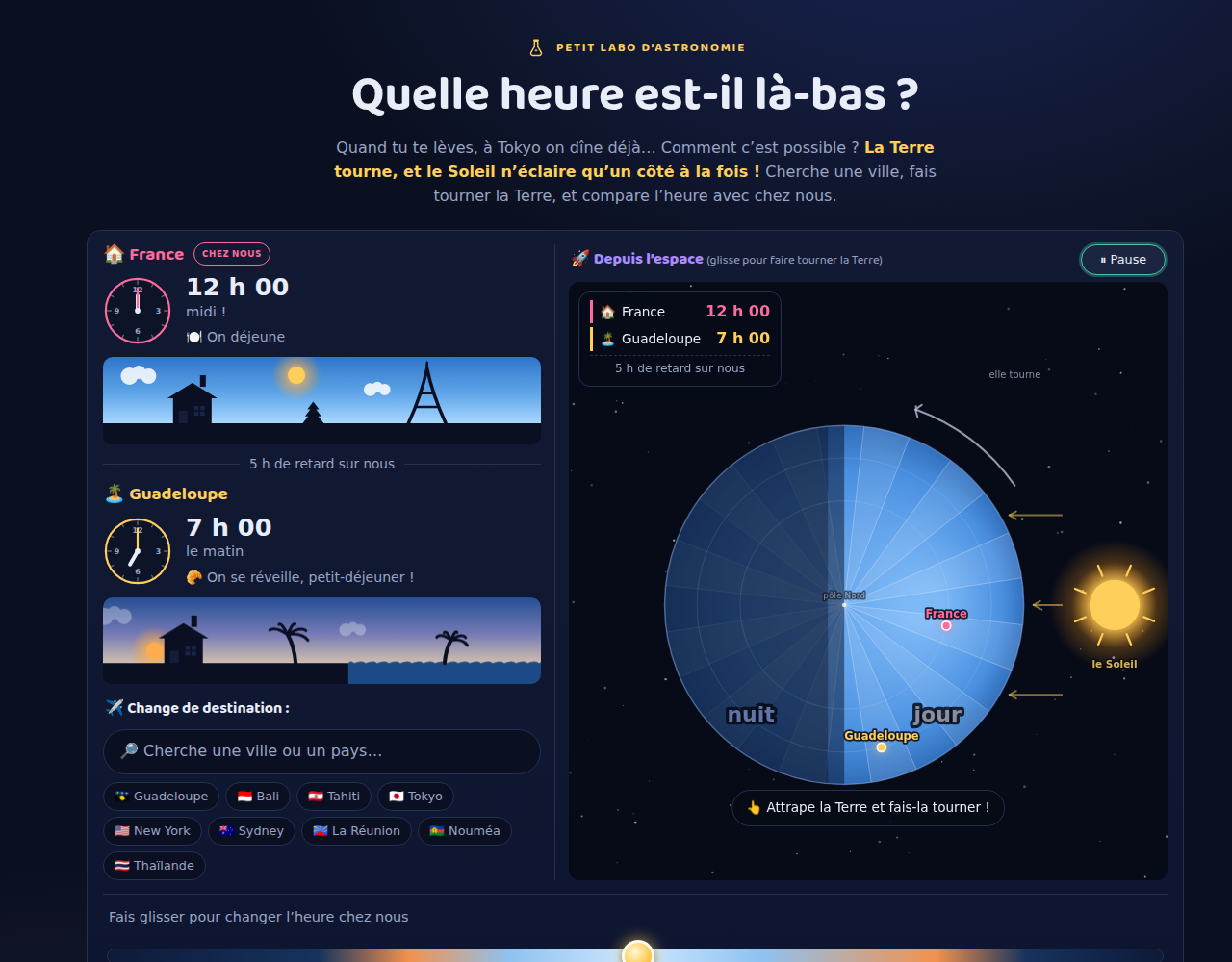 Copie d’écran de l’épisode : deux horloges, l’une en France à midi, l’autre en Guadeloupe au petit matin ; à droite la Terre vue du pôle Nord, moitié jour moitié nuit.